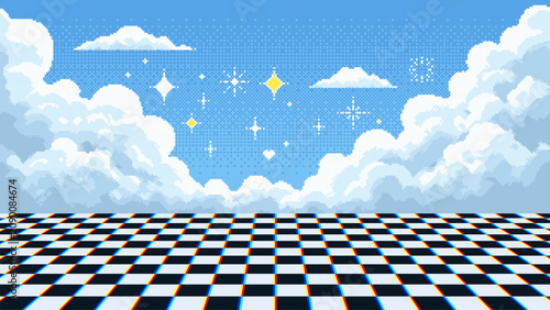 Vector pixel art background with checkered floor and sky with clouds. Retro game design element with glitch effect on floor and sparkling stars. Digital aesthetic for modern web design.