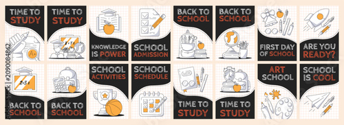 Back to school poster collection with backpack, book, pencil, globe, graduation hat, art palette, hand drawn vector icons, minimalist colorful flat style for student education greeting card, flyer