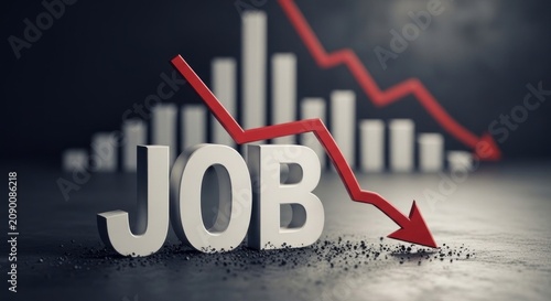 Job Market Decline Illustrated by Falling Red Arrow and Bar Graph.