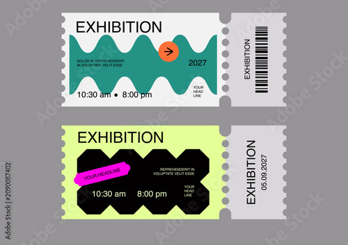 Modern exhibition ticket template set with bold geometric shapes, minimalist typography, and abstract graphic elements. Editable vector design for cultural events.