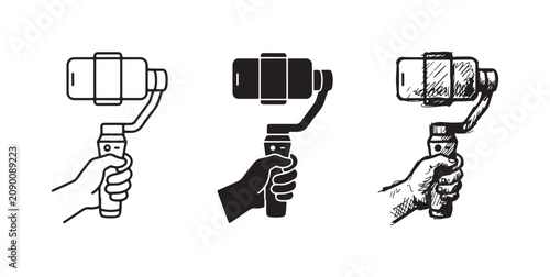 Hand holding a smartphone on a gimbal stabilizer, presented as an icon set in outline, solid, and sketchy styles.