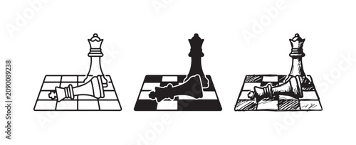 Tableau sur toile Chess checkmate scene with a standing queen and a fallen king on a chessboard icon set