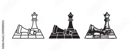 Photos Chess queen standing over a fallen king on a chessboard square, symbolizing checkmate or the end of a game, in three styles