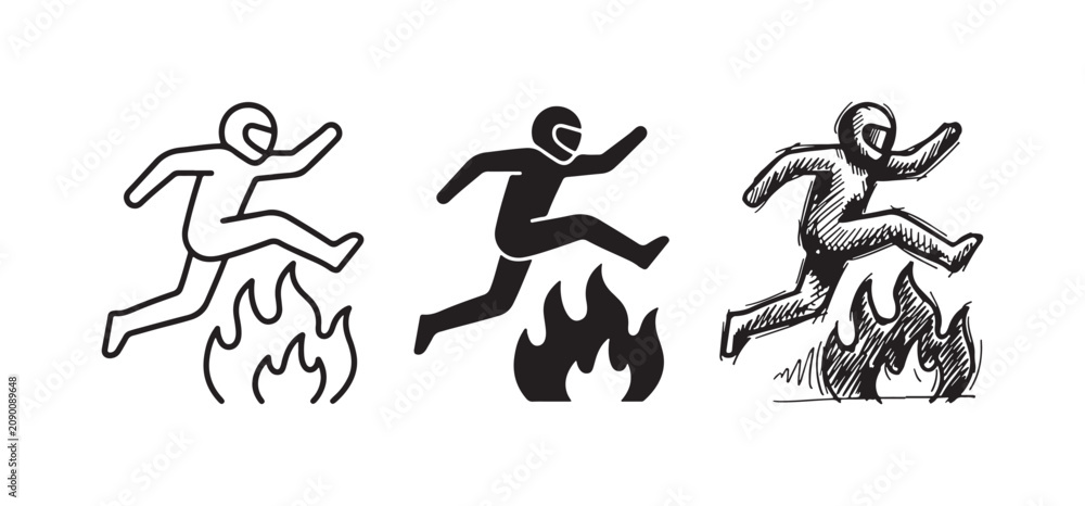 Obraz premium Person in helmet jumping over flames or fire obstacle icon set
