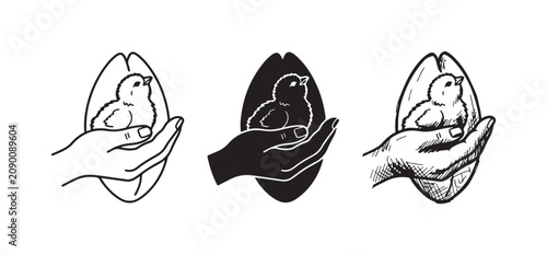 Konstfotografi Pair of hands gently cradling a small bird or chick, symbolizing care and protection, presented in outline, silhouette, and hand-drawn sketch styles