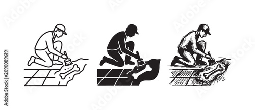 Photos Paleontologist or archaeologist kneeling and brushing a large bone fossil at an excavation site, in outline, silhouette, and hand-drawn sketch