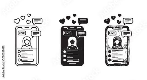 Tableau sur toile Mobile phone displaying a live stream from a female streamer with viewer engagement elements like hearts and comments
