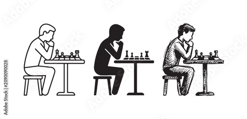 Photos Chess Player Thinking Graphic Styles: Man Engaged in a Game, Illustrated in Line