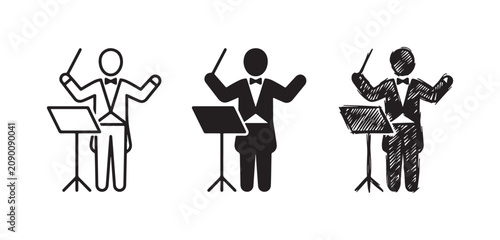 Orchestra conductor with a music stand and baton icon set in outline, solid, and sketchy styles