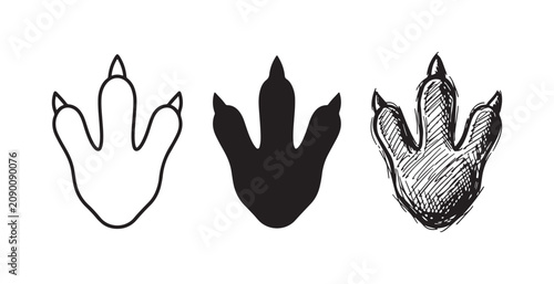 Konstfotografi Prehistoric Dinosaur Footprint Icon Set: Outline, Solid, and Hand-Drawn Variatio