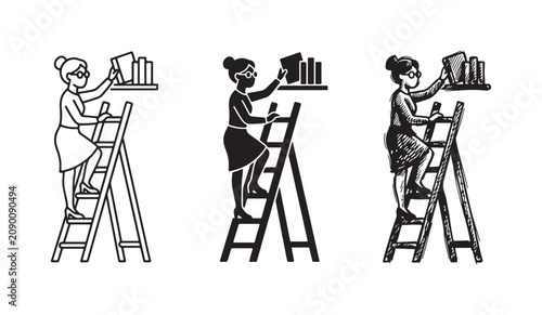 Woman with a Bun and Glasses on a Ladder Reaching for a Book on an Upper Shelf, Shown in Outline, Silhouette, and Sketchy Art Styles