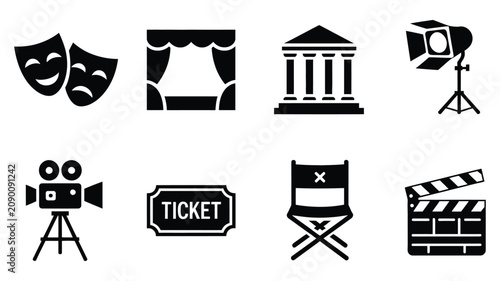 Foto Entertainment industry icons featuring theater masks, cinema production equipmen