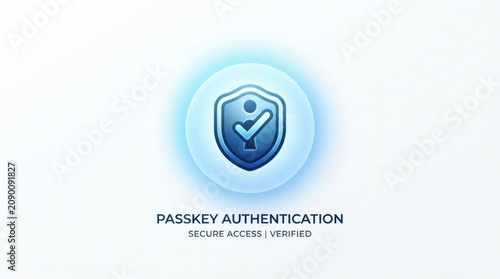 Blue shield passkey authentication icon with checkmark for secure access and verification background or banner design