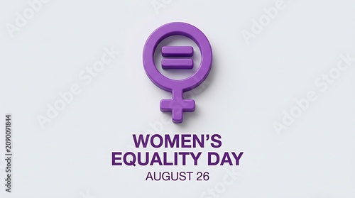 Three dimensional women equality day symbol in purple on white background with equality empowerment feminism minimalist