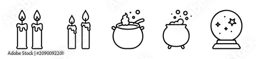 Foto Set of black line icons featuring mystical wax candles, bubbling witch cauldrons