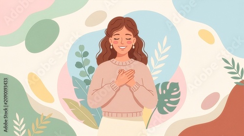 Peaceful young woman relaxing in cozy armchair, reading book and practicing self gratitude. Flat vector illustration of mental health wellness, mindfulness, and self care lifestyle