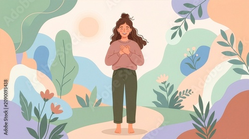 Happy young woman practicing mindfulness, gratitude and relaxation. Flat vector illustration of self care, mental health wellness, reading book at home and enjoying nature