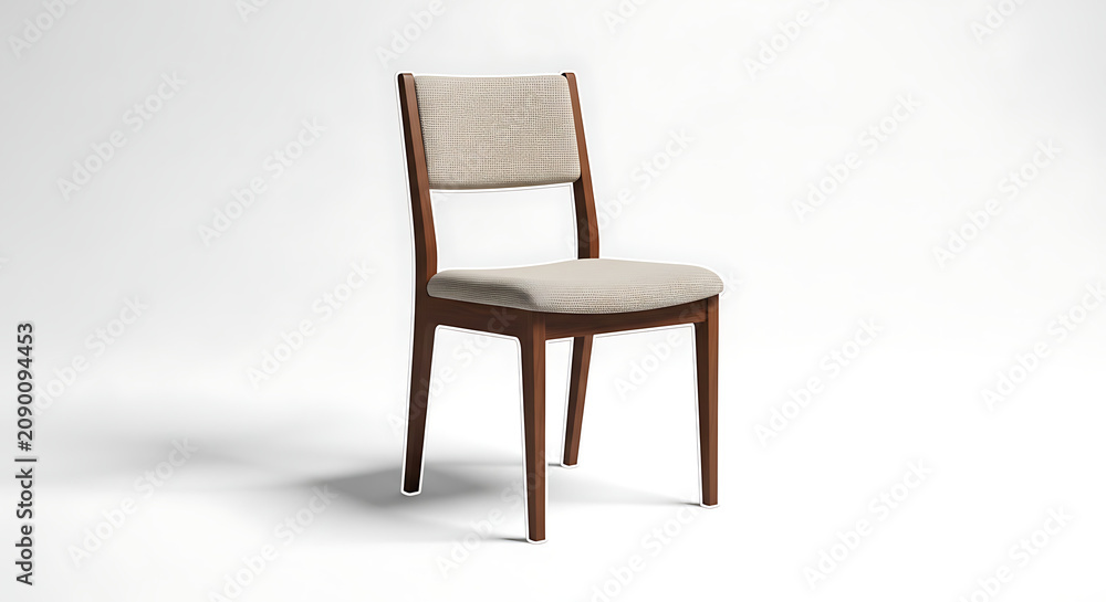 Fototapeta premium Modern wooden chair with beige upholstery and fabric backrest in interior design transparent background