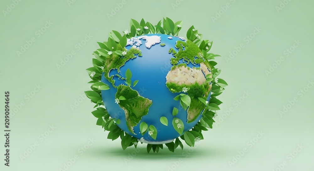 Fototapeta premium Global Earth Covered in Lush Green Leaves with Hands Holding Planet in Bright Light