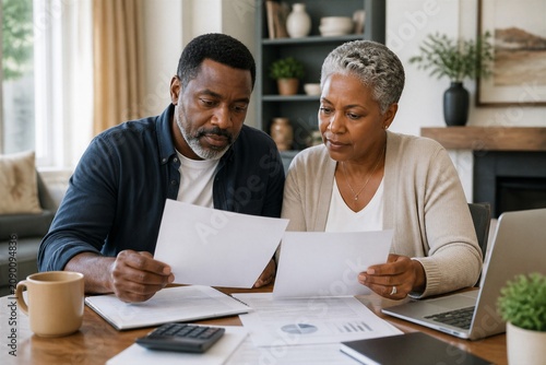 Middle aged couple reviewing documents at kitchen table