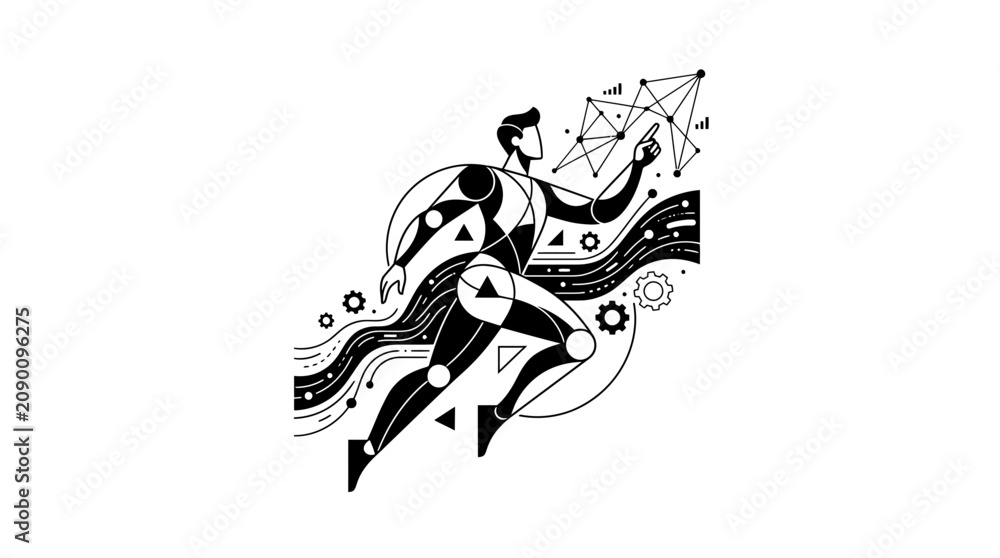 Obraz premium Futuristic Man Interacting with Digital Network, Data Flow, Technology Concept