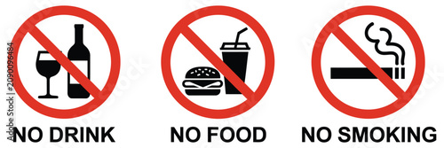 No eating drinking and smoking vector sign with prohibition symbol, safety warning notice, facility regulation, and public restriction marker