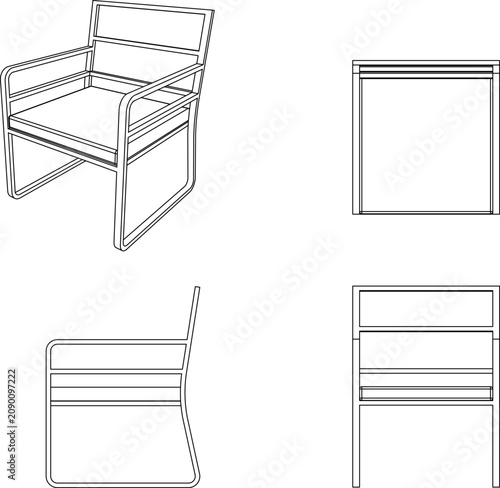 Cuadro en lienzo Technical CAD drawing of a modern tubular steel cantilever chair showing perspective, front, side, and rear elevations with leather straps