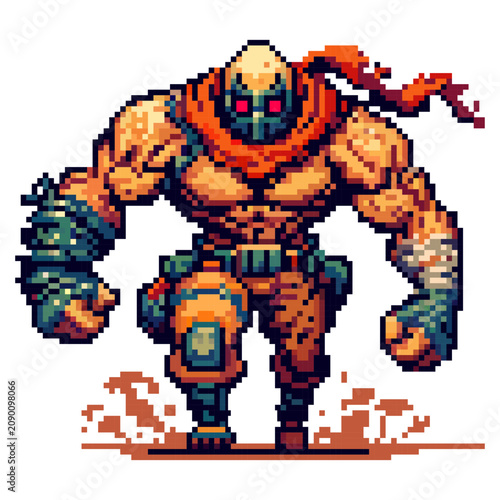 A strong pixel art character with a red scarf stands confidently in a battle-ready pose. The character has a muscular build and is set against a dark background, suggesting a night scene