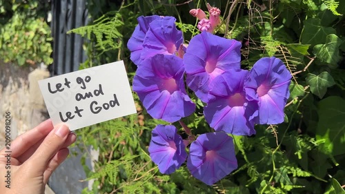 Let go and let God - christian motivational text with purple flowers on background, biblical faith concept