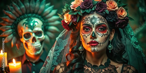 Day of the Dead woman with floral crown beside glowing skull portrait. Santa muerte Mexican death mask La Catrina for santa muerte - day of the dead holiday