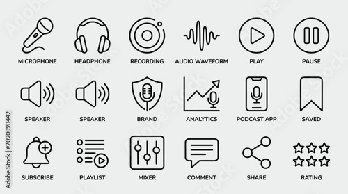 Audio and podcast application interface icons set featuring microphone headphone recording waveform speaker brand analytics podcast app saved subscribe mixer.