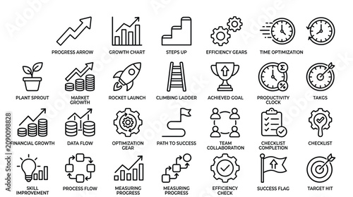 Business growth and progress icons collection showing growth chart steps up efficiency gears time optimization market growth rocket launch climbing ladder goal.