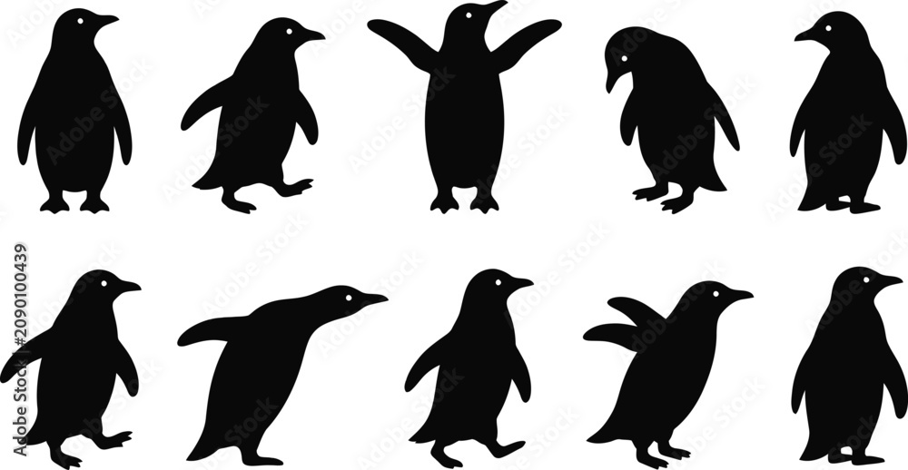 Obraz premium Penguin Silhouette Vector Bundle - 10 Different Cute Poses of Antarctic Birds Including Walking, Standing, and Flapping Wings, Graphic Design Elements Set