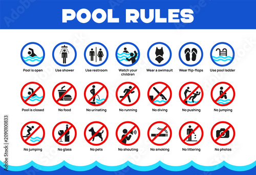 Swimming pool rules board with safety icons, warning signs and prohibition symbols on white background. Vector illustration