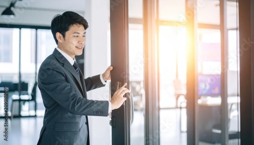 Asian businessman opening glass door into bright office.