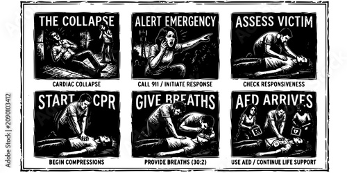 фотографія Cardiac Collapse Scraperboard Black White-Victim Fall Bystander Response Initiat