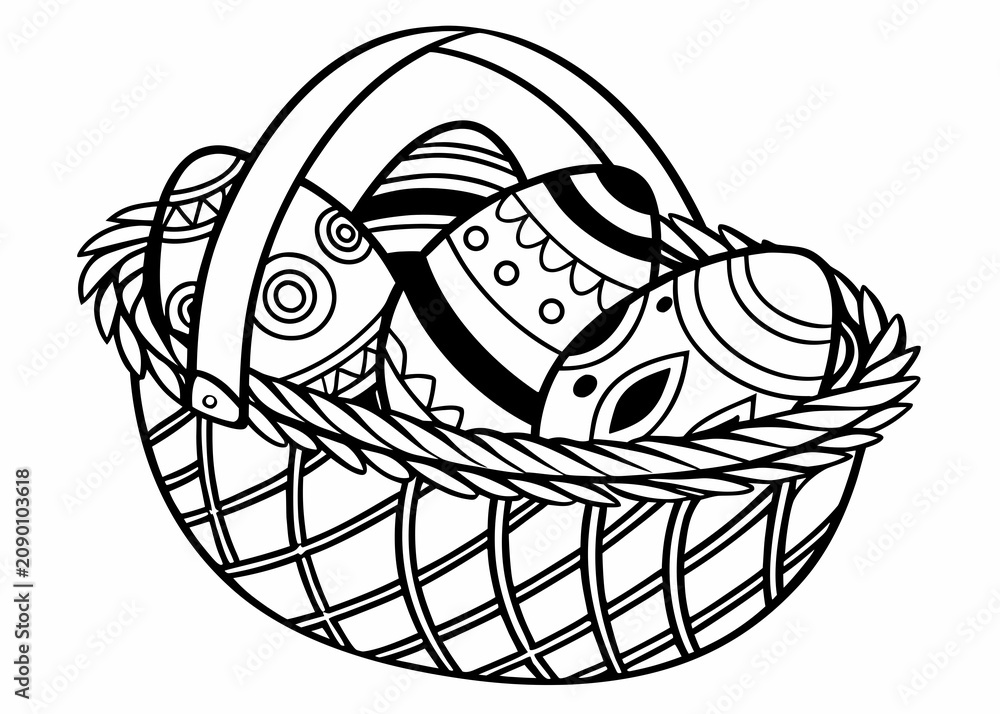 Fototapeta premium A basket or hamper full of painted Easter eggs in black and white outline