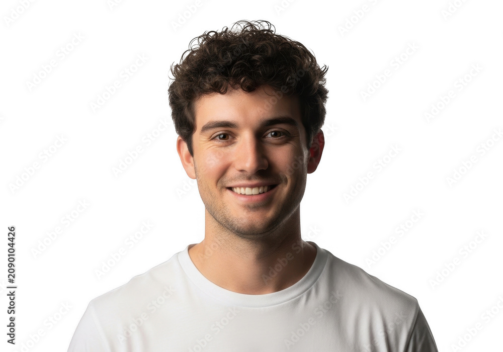 Fototapeta premium Young man with curly hair smiling at the camera wearing a simple white casual t-shirt