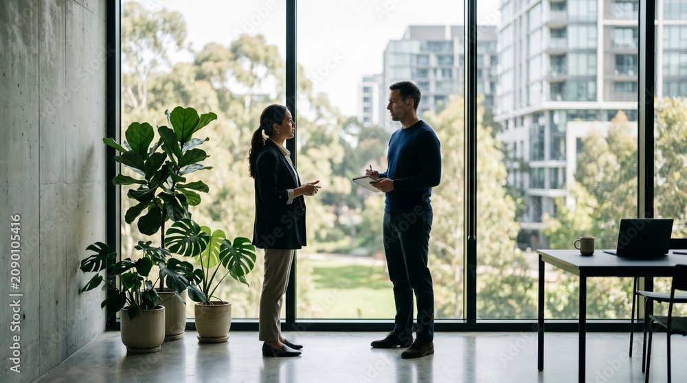 Fototapeta premium Two business professionals standing together discussing work in modern office space