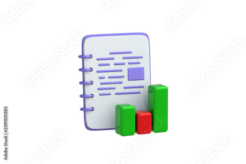 Tracking business performance to achieve continuous financial improvement. Sales growth. Increase in profit. Notebook near a rising bar chart isolated on white background. 3d render