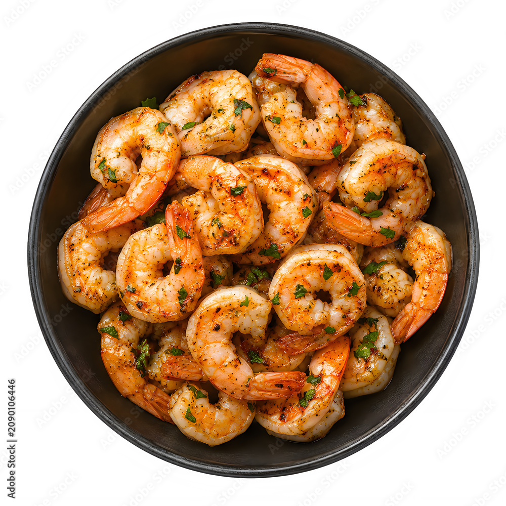 © Abdelati - Grilled garlic shrimp with fresh herbs, roasted prawns in a dark ceramic bowl, delicious seafood appetizer for restaurant menus isolated on White Background ai