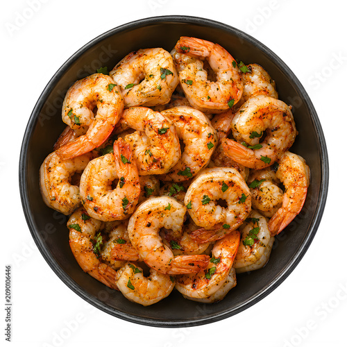 Grilled garlic shrimp with fresh herbs, roasted prawns in a dark ceramic bowl, delicious seafood appetizer for restaurant menus isolated on White Background ai