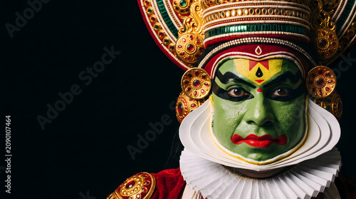 Close up portrait of kathakali performer face with green makeup and red lip against black background