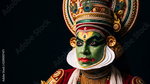 Side profile portrait of kathakali performer wearing elaborate headdress and green makeup against dark background