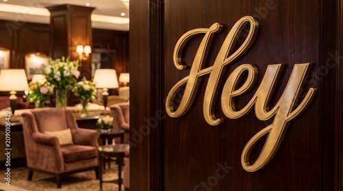 Elegant gold script lettering spelling hey mounted on a rich dark wooden door interior surface