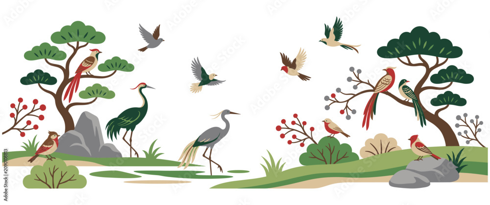 Fototapeta premium Oriental inspired scenery with elegant birds and plants.