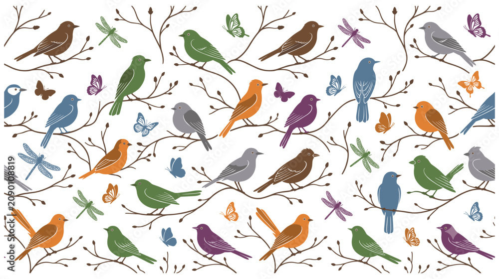 Obraz premium Beautiful seamless pattern with birds and garden insects.
