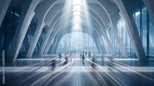 Modern Airport Terminal with Motion Blur Travelers