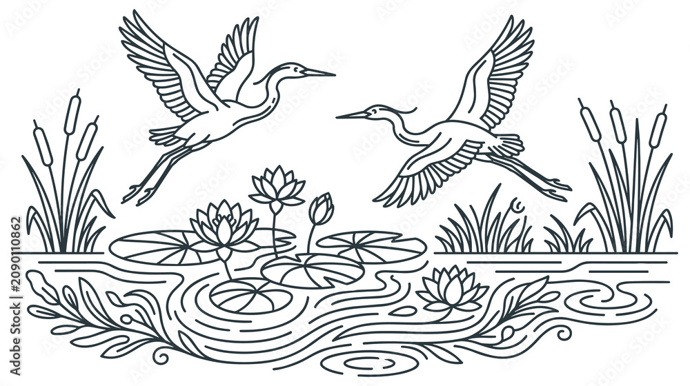 Fototapeta premium Two herons flying over pond with water lilies line art.