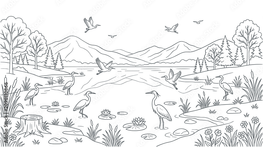 Fototapeta premium Wildlife birds in a mountain lake landscape coloring book page.